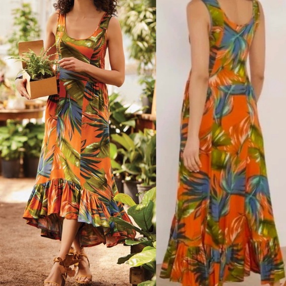 Soft Surroundings Dresses & Skirts - Soft Surroundings Fabiana Tropical Print Ruffle Hem Shirred Midi Maxi Dress